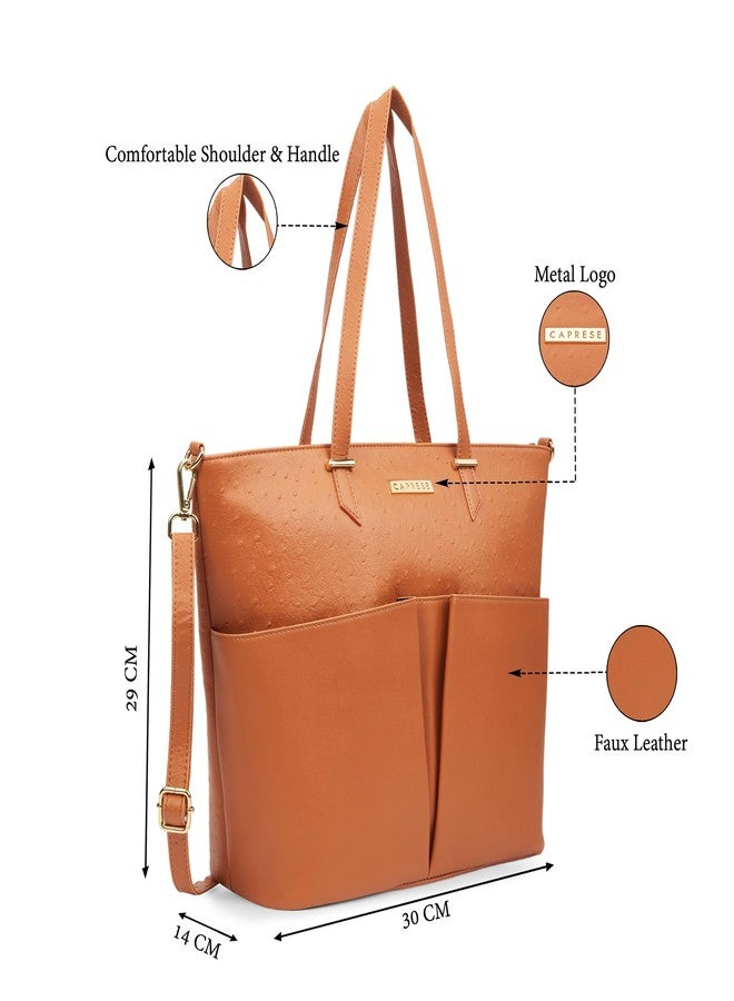 كابريس حقيبة كابريس الكبيرة من جلد النعام للنساء، مزودة بحزام قابل للتعديل والفصل | حقيبة أنيقة للكتف واليد | تتسع لأجهزة الكمبيوتر المحمولة حتى 16 بوصة | تصميم متين متعدد الجيوب للعمل والسفر (لون بني فاتح) - Image 3